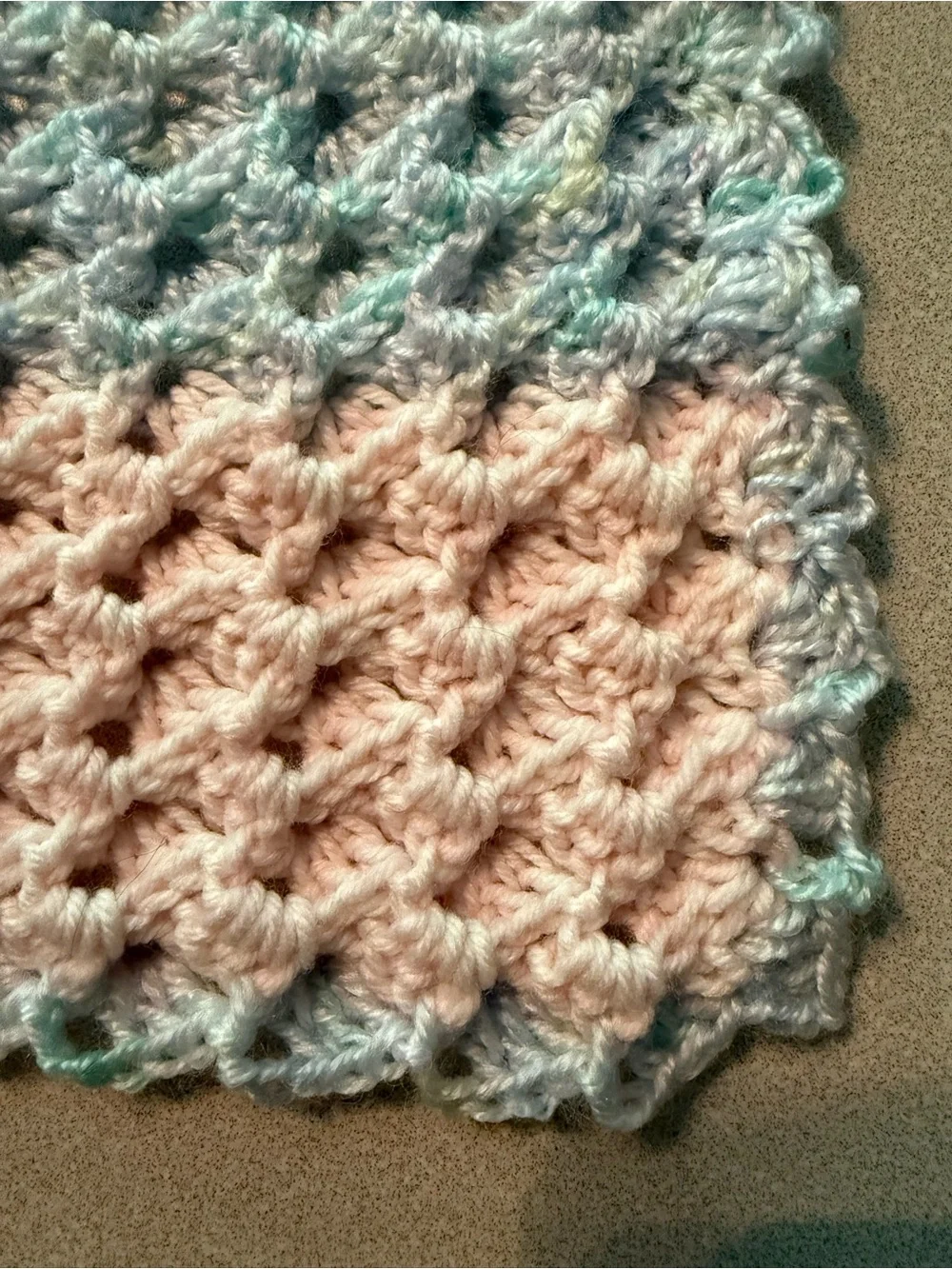 Crocheted Wave Newborn Blanket Pink snd Blue Stripe